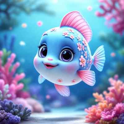 The primary subject of the image is a cute, colorful fish with a blue and pink body. The fish is floating in a vibrant underwater scene, surrounded by a variety of colorful coral and sea plants. The visual style of the image is a digital art or illustration, with a focus on the fish's unique design and the lively, aquatic environment. The colors and mood of the image are bright, cheerful, and inviting, with the fish's blue and pink hues
